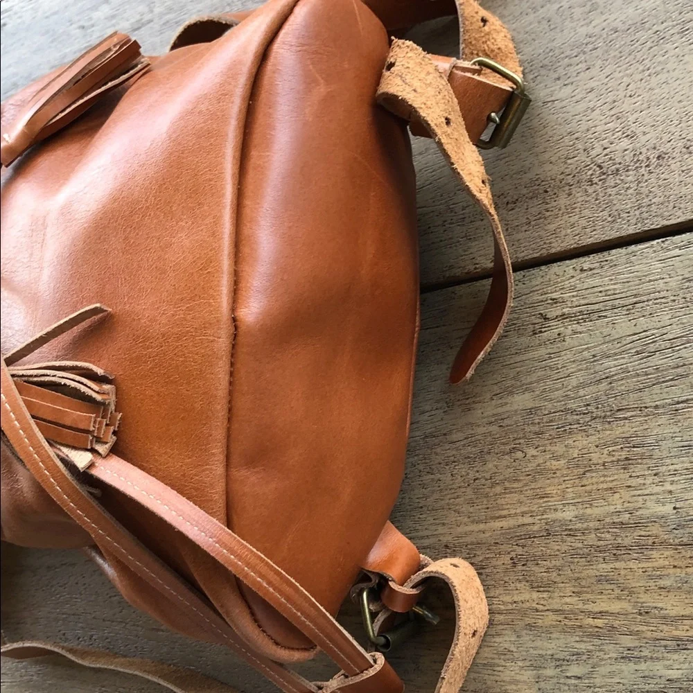 Leather Tassel Drawstring Backpack - Brown